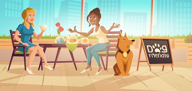 Femmes avec animal de compagnie se réunissant dans un café de la ville accueillant les chiens