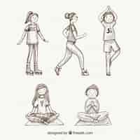 Vecteur gratuit femmes dessinées à la main, faire du yoga