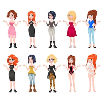 Les femmes avec différentes robes vêtements et chaussures vecteur isolé drôles de personnages de dessins animés