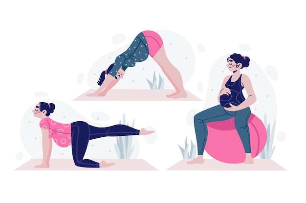 Femmes enceintes dessinées à la main faisant une collection de yoga