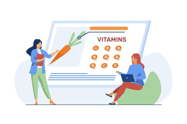 Les femmes étudient les vitamines dans les aliments biologiques. Nutritionniste présentant des légumes frais sur illustration plat écran