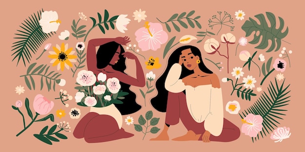 femmes, à, fleurs, illustration