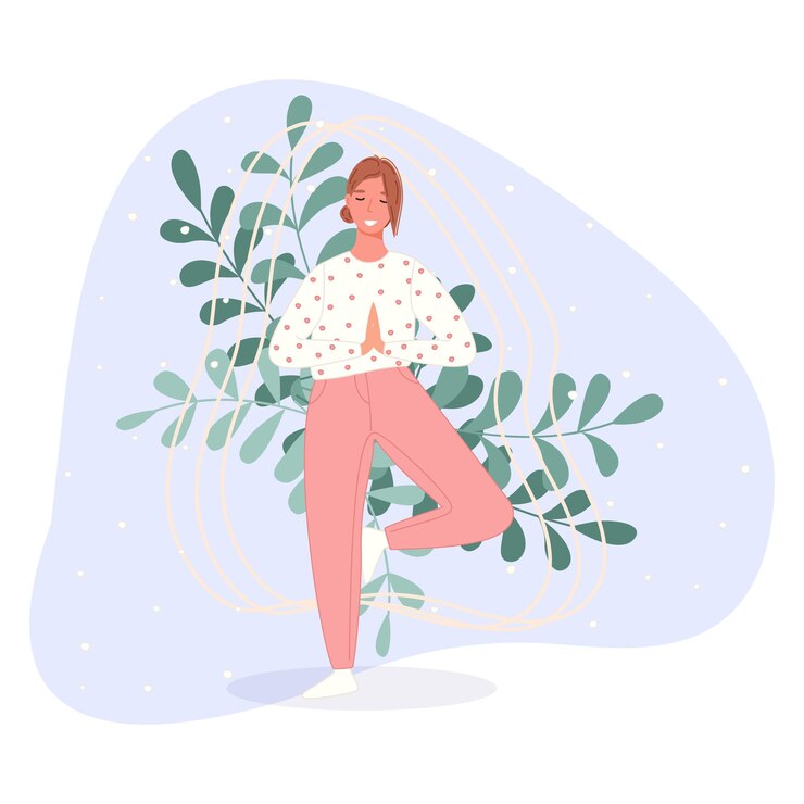 Vecteur gratuit des femmes heureuses se tiennent sur le sol et méditent dans une pose de yoga