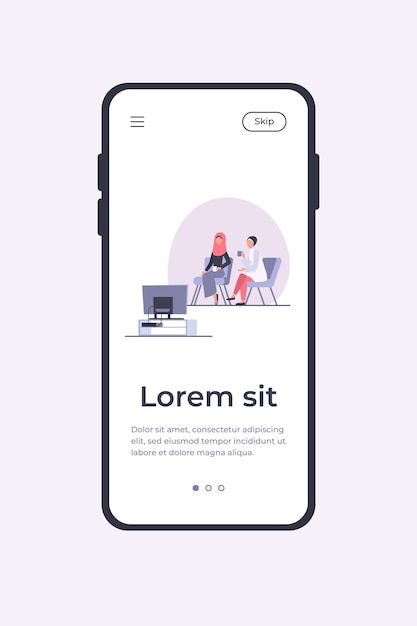 Femmes musulmanes assises et regardant la télévision. Thé, hijab, illustration vectorielle plane maison. Concept de loisirs et de divertissement pour bannière, conception de site Web ou page Web de destination