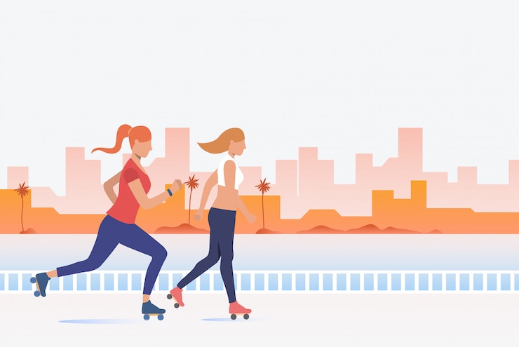 Vecteur gratuit femmes patinant avec des bâtiments éloignés en arrière-plan