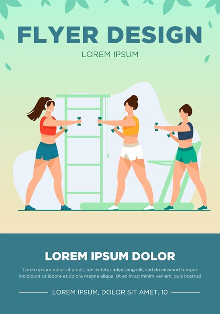 Femmes s'entraînant avec des haltères dans un club de fitness. Gym, muscle, illustration vectorielle de bras plat. Concept de sport et de mode de vie sain