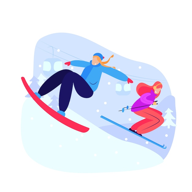 Vecteur gratuit femmes snowboard et ski alpin