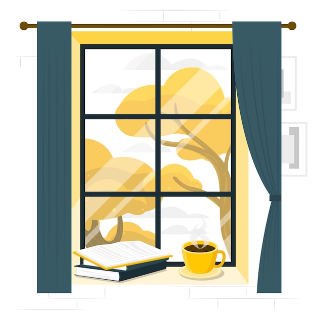 Fenêtre Avec Illustration De Concept De Livre Et De Café