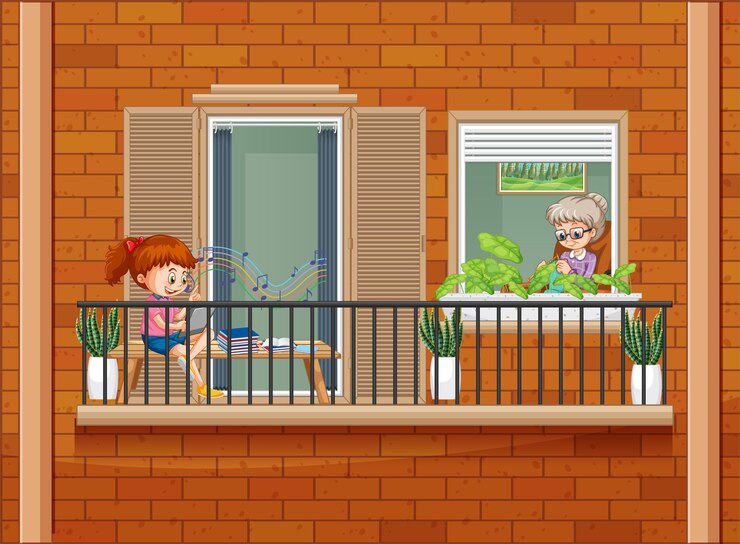 Vecteur gratuit fenêtres d'appartement avec le personnage de dessin animé de voisins