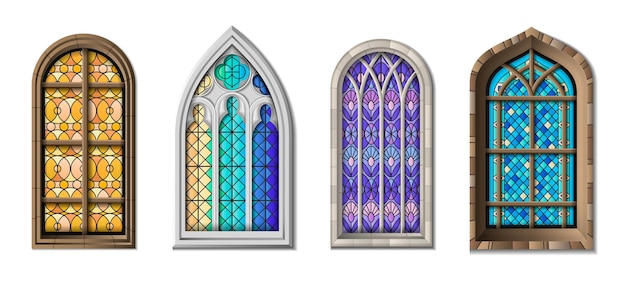 Vecteur gratuit fenêtres de la cathédrale du temple de l'église en mosaïque de vitraux réalistes avec quatre fenêtres colorées de style ancien isolé illustration vectorielle