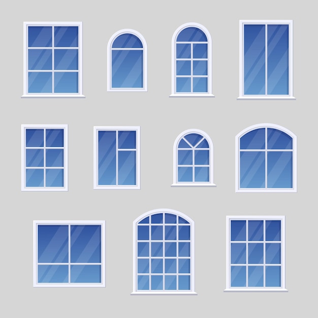 Vecteur gratuit fenêtres avec jeu de cadres différents blancs. illustrations vectorielles de fenêtres en verre bleu propre sur le mur du bâtiment. éléments classiques de dessin animé de l'extérieur de la maison isolé blanc. architecture, concept de façade