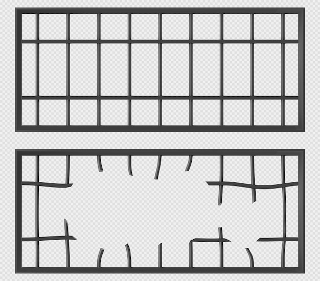 Vecteur gratuit fenêtres de la prison avec grille et barres métalliques cassées