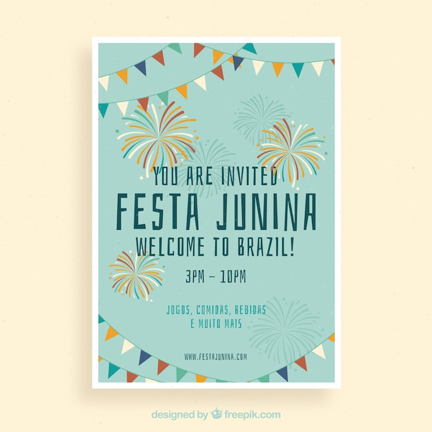 Vecteur gratuit festa junina affiche invitation avec feux d'artifice colorés