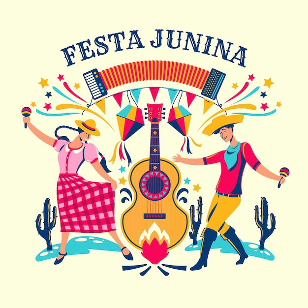 Vecteur gratuit festa junina guitare et gens faisant la fête