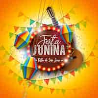 Vecteur gratuit festa junina illustration avec drapeaux de fête de guitare acoustique et lanterne en papier sur fond jaune