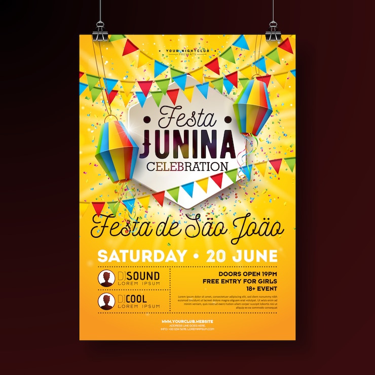 Vecteur gratuit festa junina party flyer illustration avec conception de typographie. drapeaux, lanterne en papier et confettis sur fond jaune. conception de festival de juin du brésil pour l'invitation ou l'affiche de célébration de vacances.