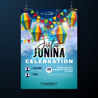 Vecteur gratuit festa junina party flyer illustration avec lanterne en papier et drapeau sur fond de ciel bleu nuageux