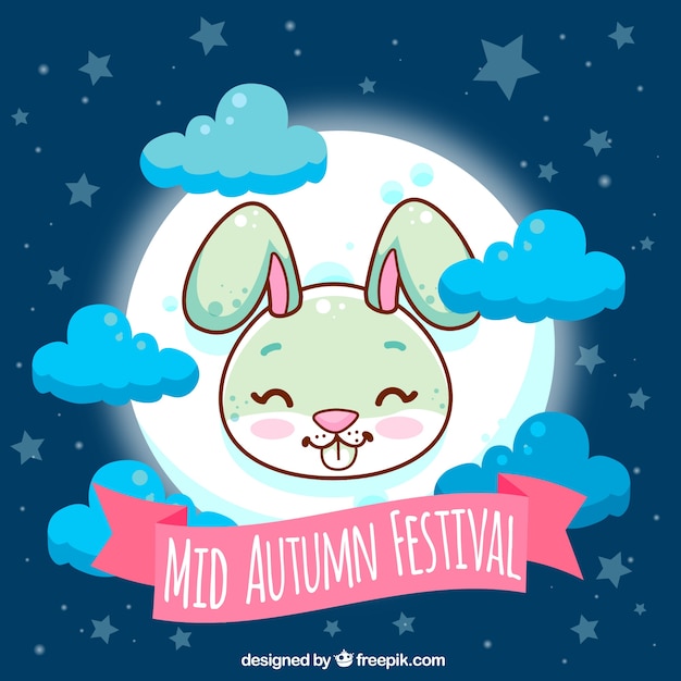 Vecteur gratuit festival de l'automne moyen, scène mignonne avec lapin et pleine lune