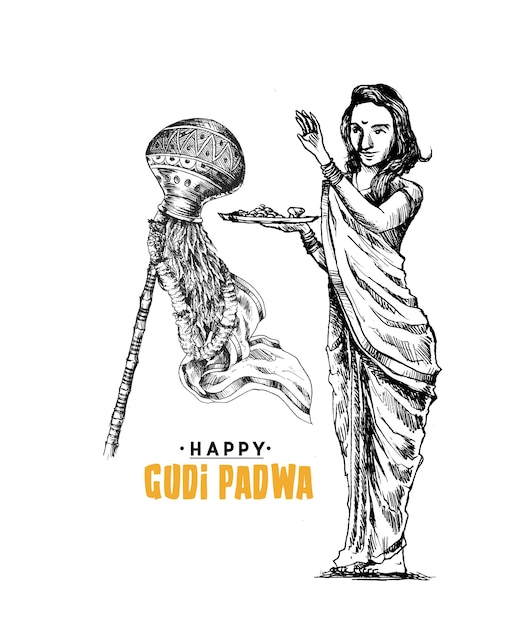 Festival du Nouvel An Gudi Padwa Marathi, illustration vectorielle de croquis dessinés à la main.