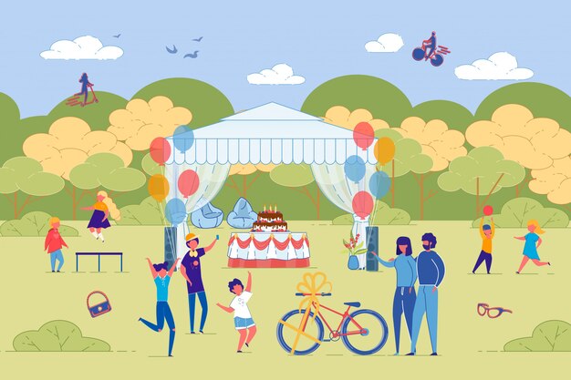 Fete D Anniversaire Des Enfants En Plein Air Dans Le Parc Vecteur Premium
