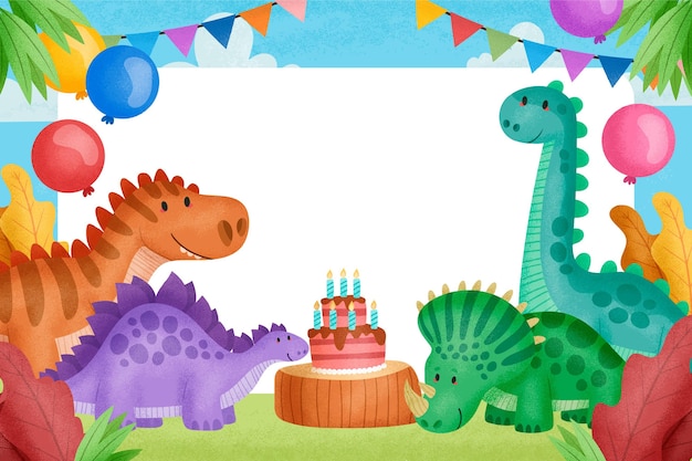 Vecteur gratuit fête d'anniversaire avec gâteau et dinosaures