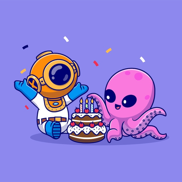 Fête D'anniversaire Mignon Plongeur Et Poulpe Avec Gâteau Dessin Animé Vecteur Icône Illustration Science Animal Plat