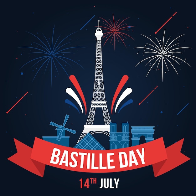 Vecteur gratuit fête de la bastille avec tour eiffel et feux d'artifice