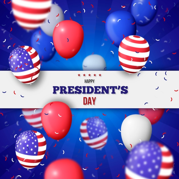 Vecteur gratuit fête du président avec des ballons et des confettis réalistes