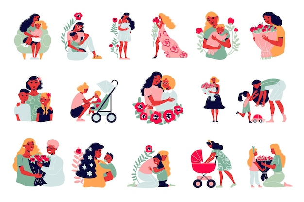 Vecteur gratuit fête des mères sertie de personnages humains isolés de mères avec enfants et fleurs bébé poussette icônes illustration vectorielle
