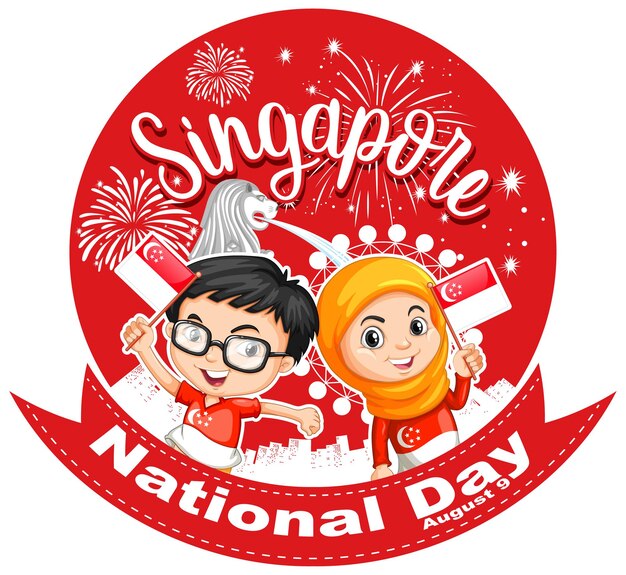 La fête nationale de Singapour avec des enfants tient le personnage de dessin animé du drapeau de Singapour
