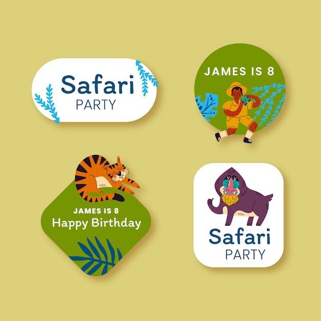 Vecteur gratuit fête safari avec collection d'étiquettes d'animaux sauvages
