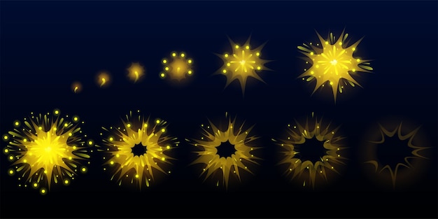 Vecteur gratuit feu d'artifice de jeu, sprites d'éclatement d'effet jaune d'explosion