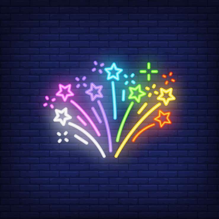 Vecteur gratuit feu d&#39;artifice multicolore sur fond de briques. style néon
