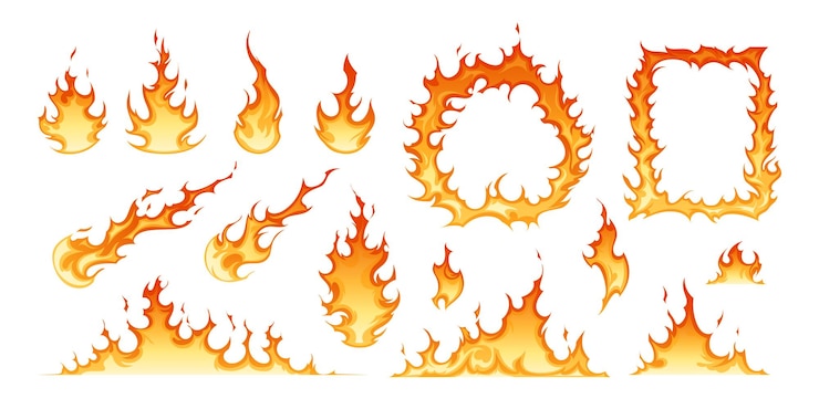 Vecteur gratuit feu et flammes de différentes formes et tailles ensemble plat isolé sur illustration vectorielle fond blanc
