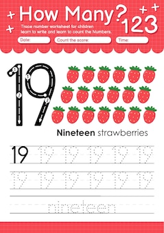 Feuille de calcul numéro 19 de trace pour les enfants de la maternelle et de l'âge préscolaire avec des fraises de fruits et légumes