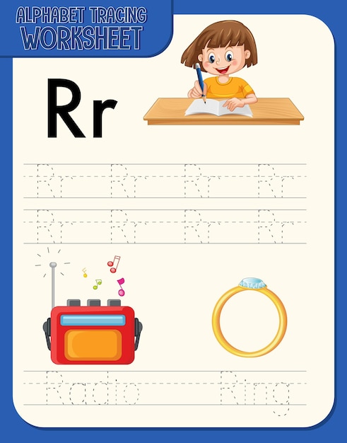 Vecteur gratuit feuille de calcul de traçage alphabet avec la lettre r et r