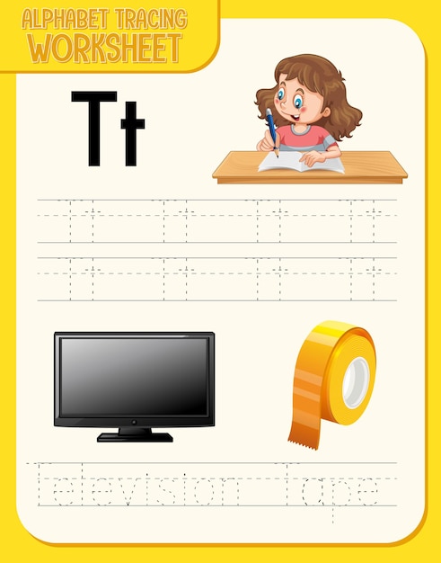 Vecteur gratuit feuille de calcul de traçage alphabet avec la lettre t et t