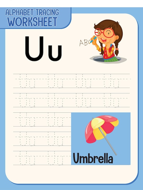 Vecteur gratuit feuille de calcul de traçage alphabet avec lettre et vocabulaire