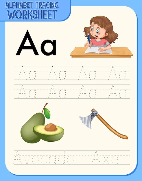 Vecteur gratuit feuille de calcul de traçage alphabet avec lettre et vocabulaire