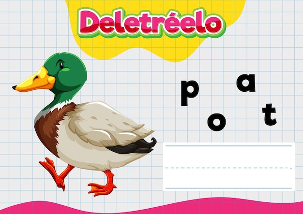 Vecteur gratuit feuille d'orthographe en espagnol pour les enfants avec un canard