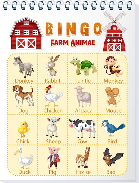 Vecteur gratuit feuille de travail sur les animaux de la ferme bingo