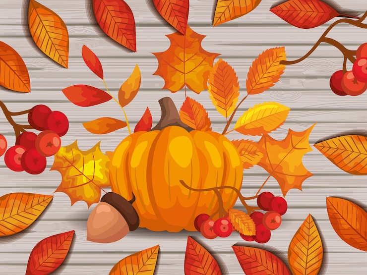 Vecteur gratuit feuilles automne avec citrouille et noix sur bois