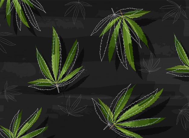 Feuilles De Marijuana Dans Le Style D'art En Ligne Sur Fond Structuré Noir