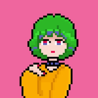 Fille d'anime de pixel avec le sweat à capuche jaune de cheveux verts lumineux