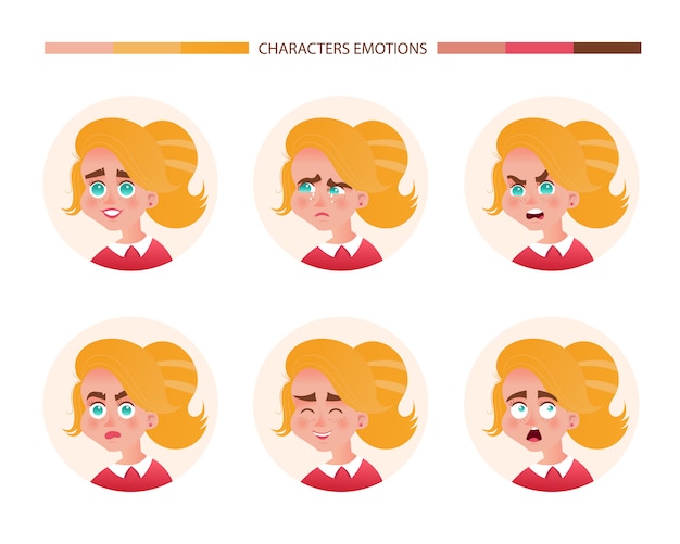 Vecteur gratuit fille d'avatar émotions de caractère aux cheveux rouges. emoji avec différentes expressions du visage de femme joie pleurs colère surprise surprise rire effroi. illustration vectorielle en style cartoon