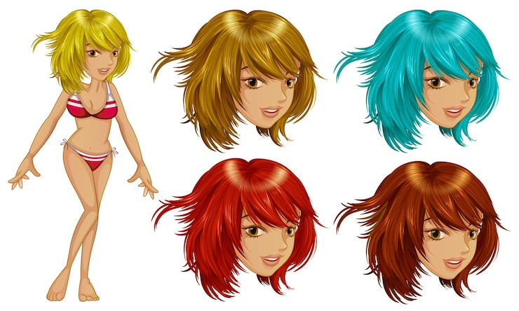 Vecteur gratuit fille en bikini et différentes couleurs de cheveux