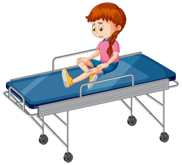 Vecteur gratuit une fille blessée s'asseoir sur un lit d'urgence