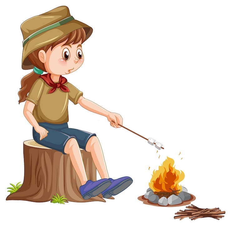 Vecteur gratuit fille de camping faisant rôtir de la guimauve