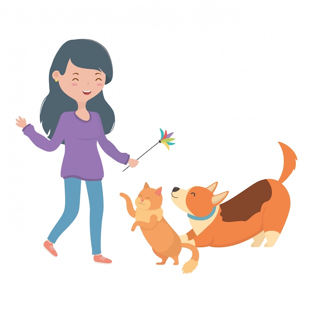 Fille Avec Chat Et Chien De Dessin Animé