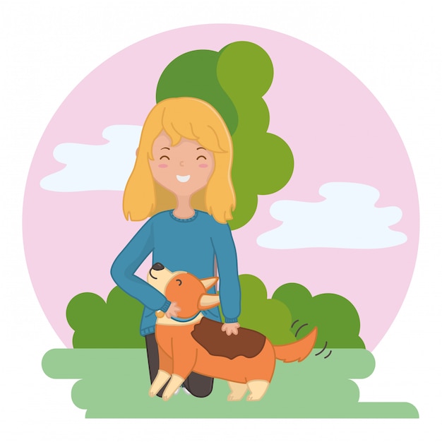 Vecteur gratuit fille avec chien de dessin animé